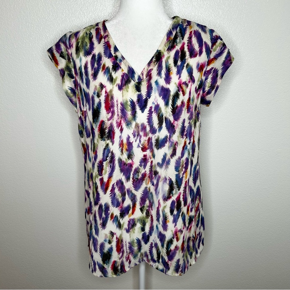 CAbi Womens Plume Feather Print Style 5027 Multicolor V-Neck Top Size S EUC